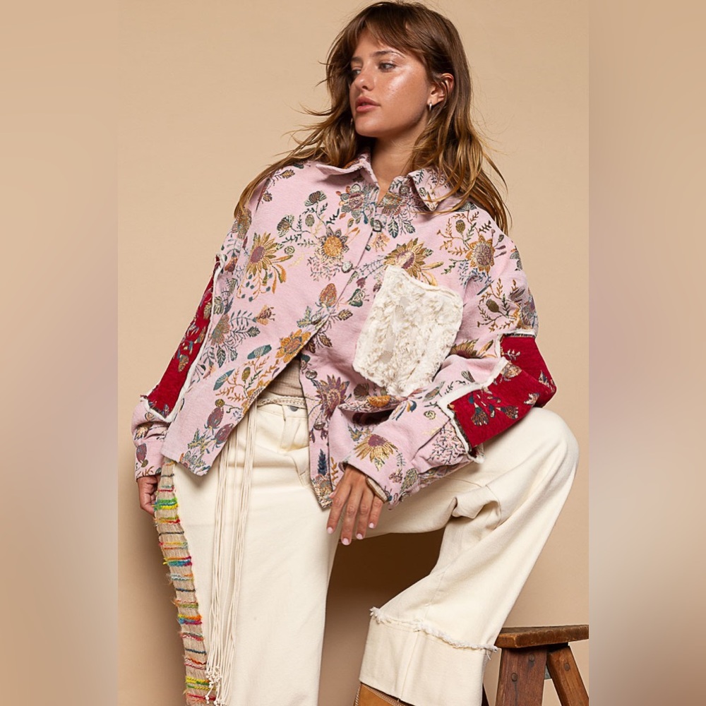 POL Gemma Tapestry Floral Lace Jaquard Shacket jacket Pink Multi Medium💖💖